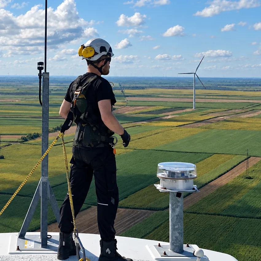 Techniker steht gesichert auf der Nabe einer Windkraftanlage und blickt über die Landschaft