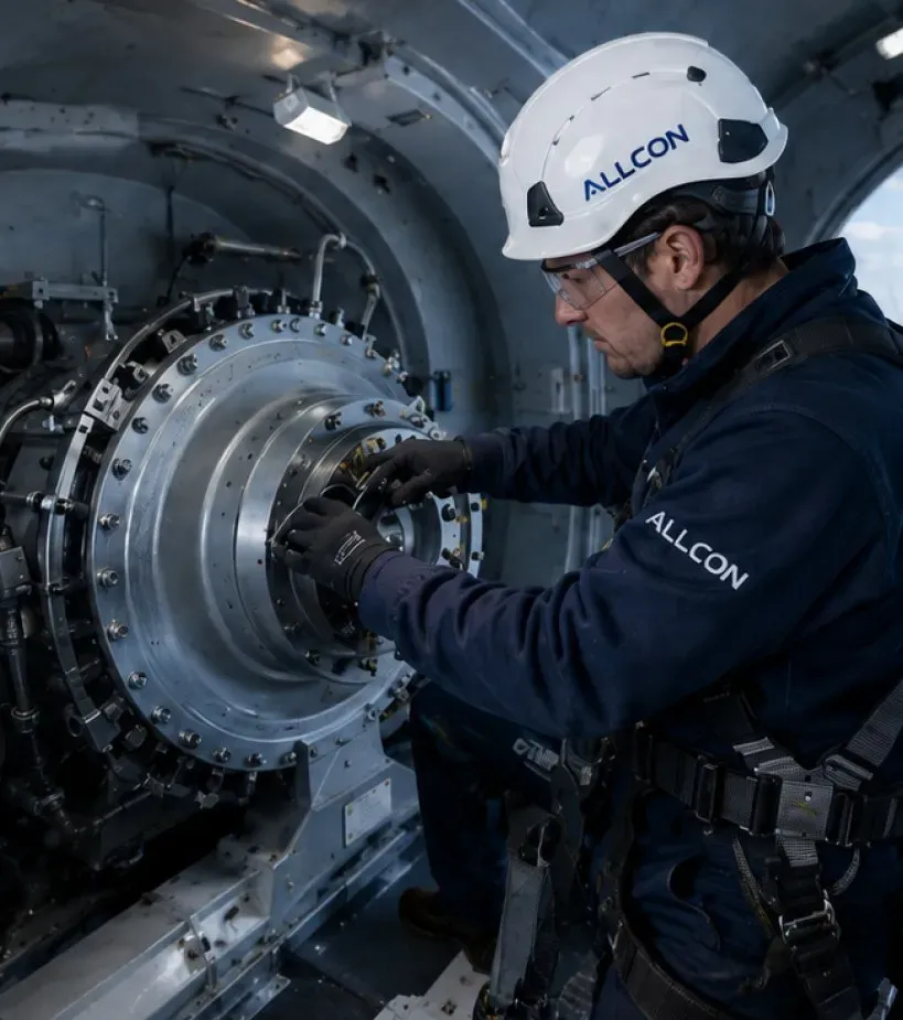 AllCon-Techniker bei Arbeiten am Getriebe in der Gondel