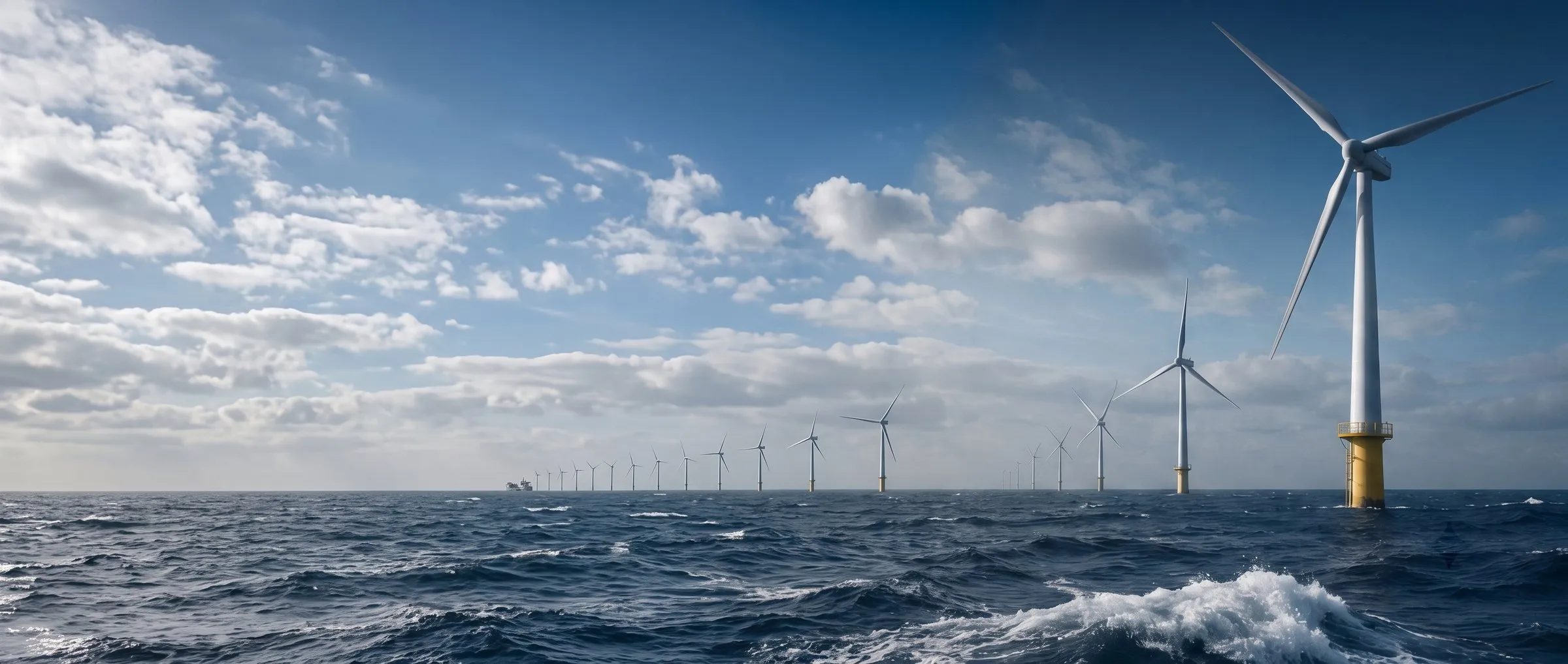 Offshore-Windpark bei ruhiger See mit Turbinen bis zum Horizont