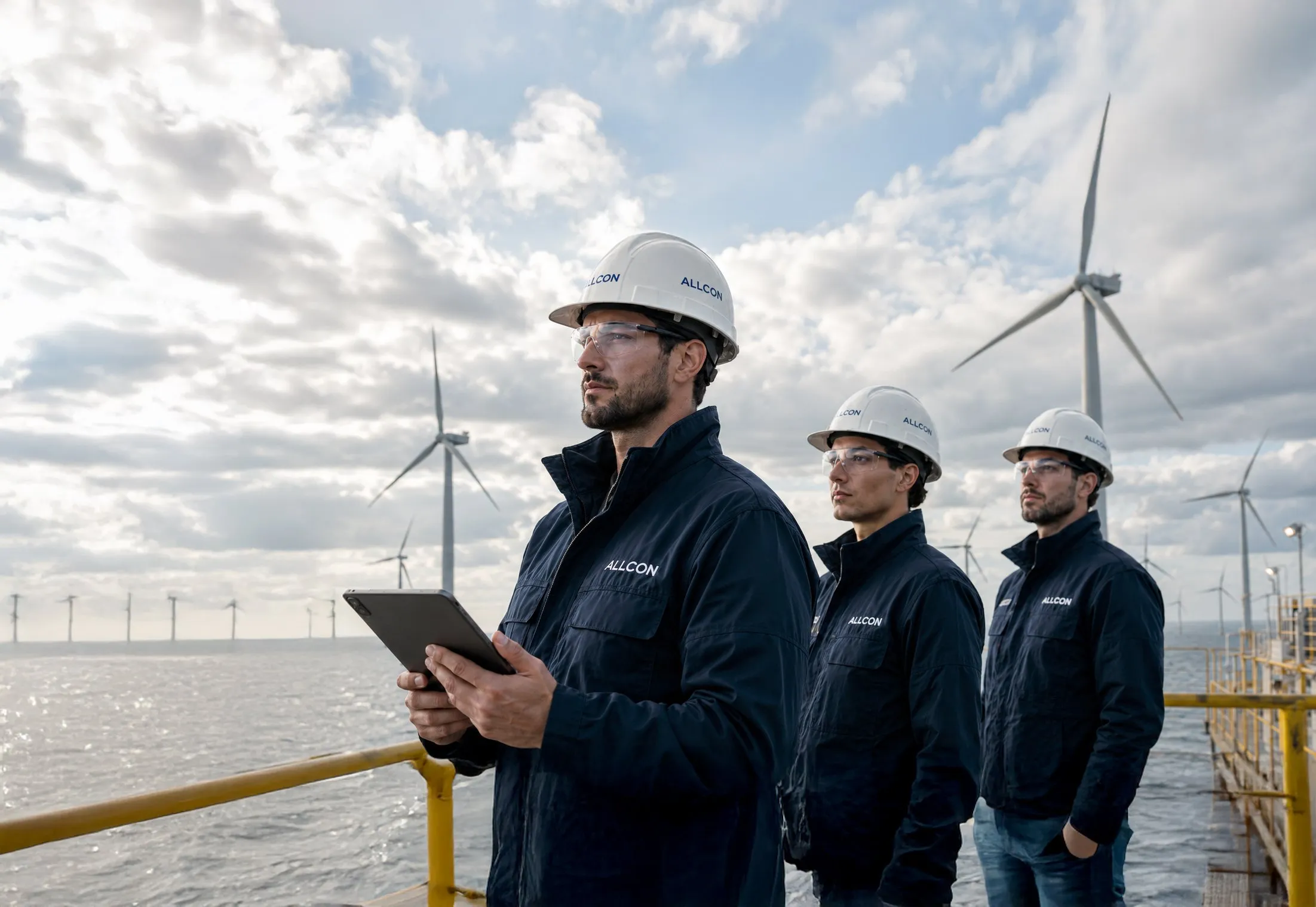 Drei AllCon-Techniker mit Helm und Schutzbrille auf einer Offshore-Plattform vor Windkraftanlagen