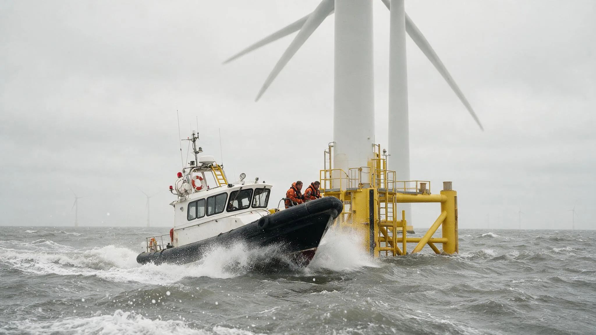 Crew-Transfer-Schiff nähert sich bei rauer See dem Anleger einer Offshore-Windenergieanlage