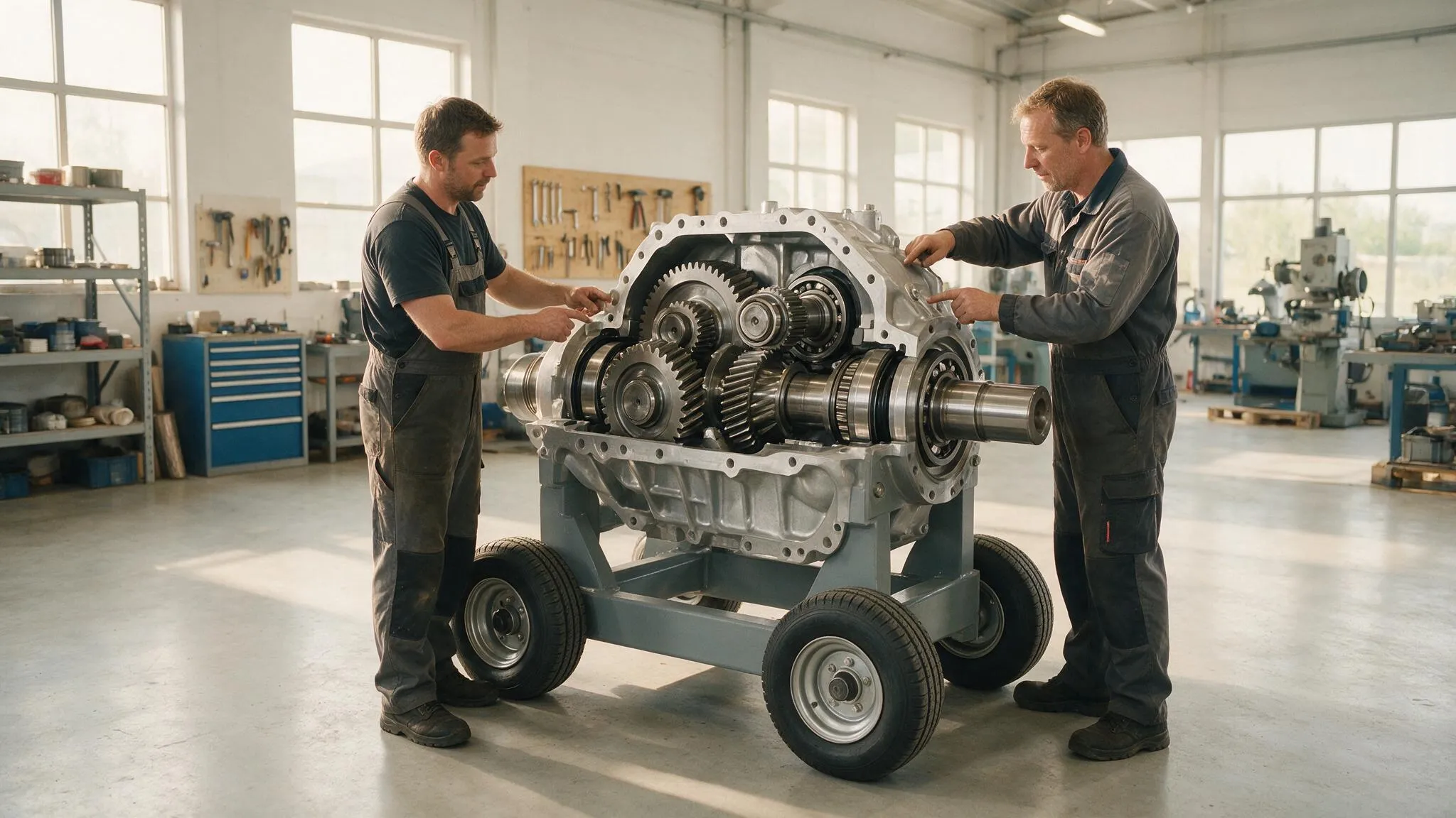 Erfahrener Industriemechaniker lässt sich an einem Getriebe-Trainingsaufbau eine Baugruppe erklären