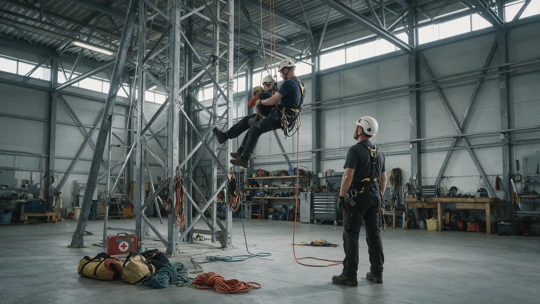 Techniker üben in einer Trainingshalle die Rettungsabseilung von einem Stahlturm