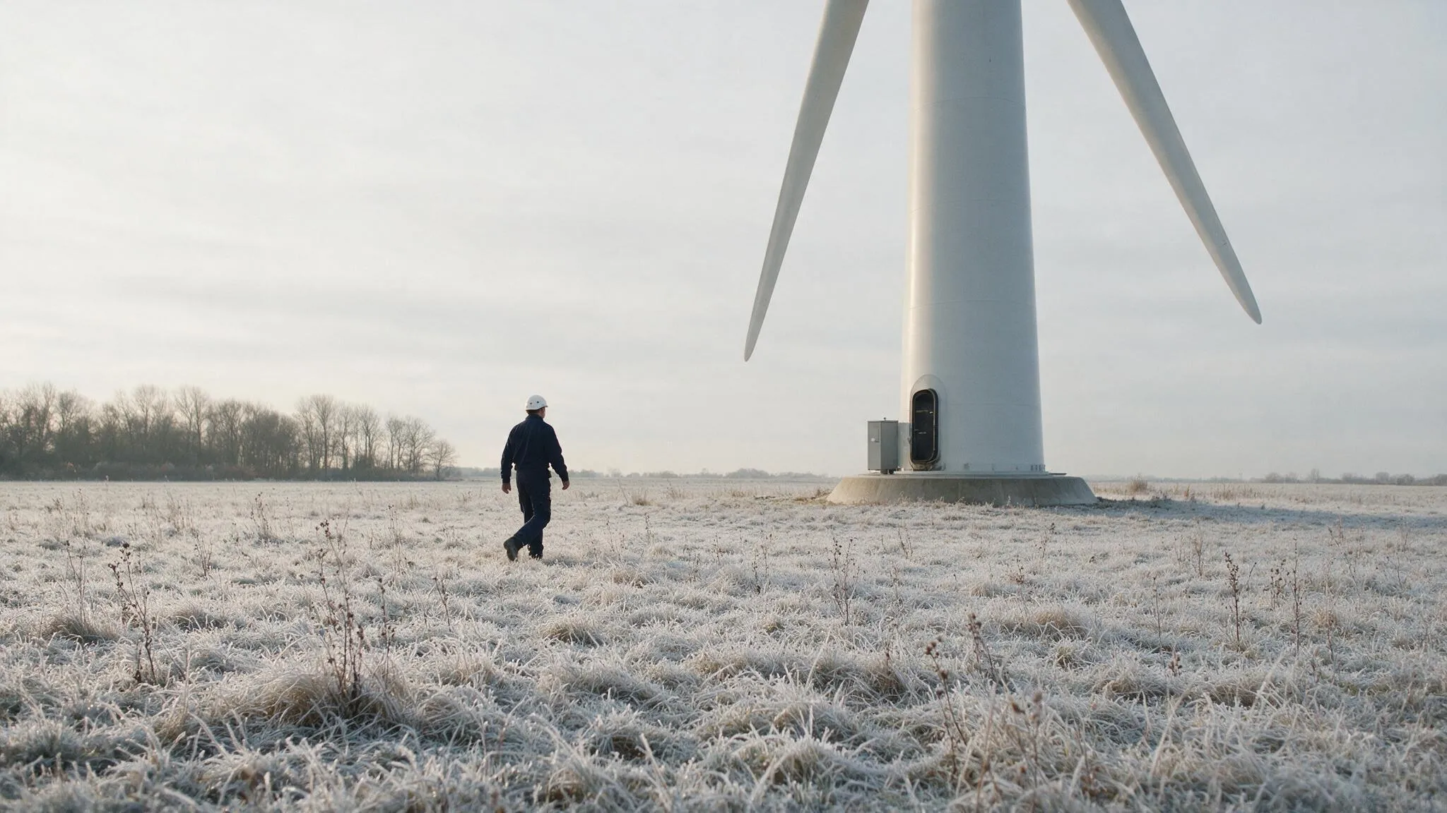 Servicetechniker geht bei Frost über ein Feld auf eine Onshore-Windenergieanlage zu